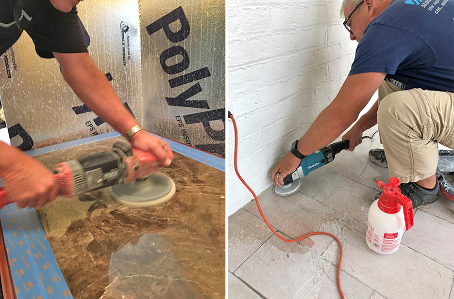 left: Refinishing a table top on site, and using foam board insulation walls and blue tape to protect the surrounding area.   right: Lippage work on Tennessee Pink marble using an ELF Flexible Metal mounted on a Makita grinder. 