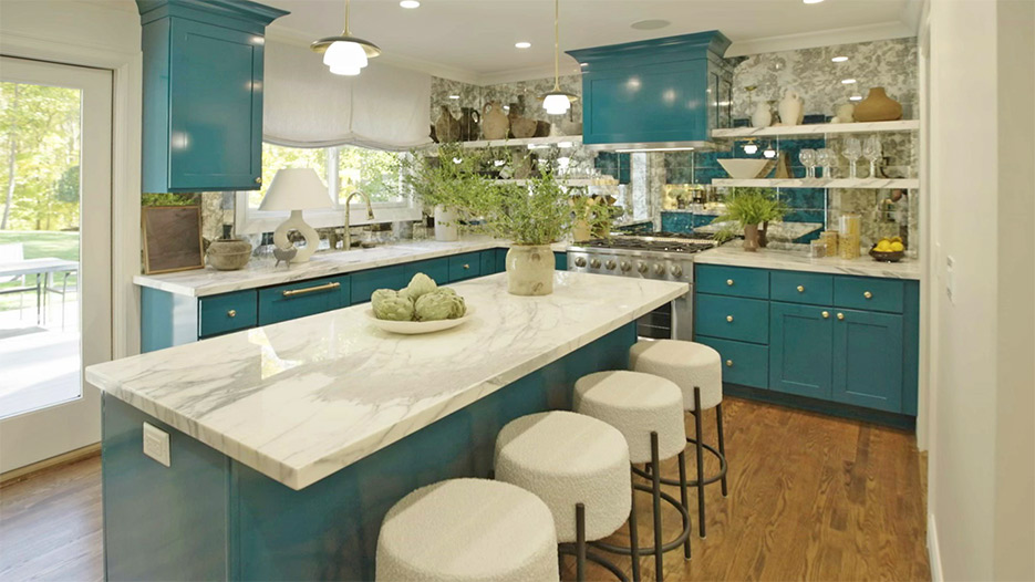 Kitchen remodel featured on The Nate and Jeremiah Home Project, Season 2. Luxury Marble and Granite fabricated and installed the marble tops and floating shelves.