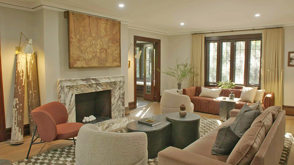 projects fabricated and installed for a Season One home featured on The Nate and Jeremiah Home Project. Marble kitchen with full-height matching marble backsplash, and matching marble fireplace surround in the adjacent family room space. 