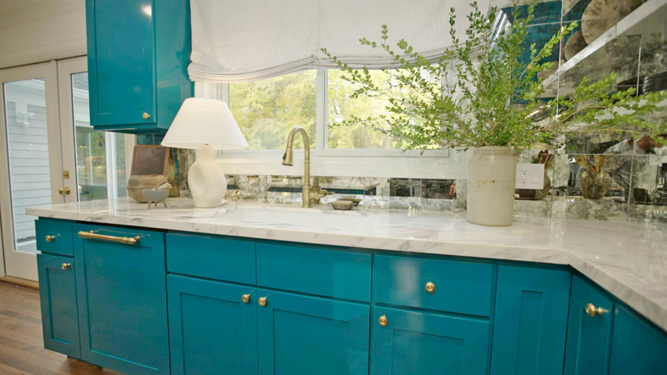 Kitchen remodel featured on The Nate and Jeremiah Home Project, Season 2. Luxury Marble and Granite fabricated and installed the marble tops and floating shelves.