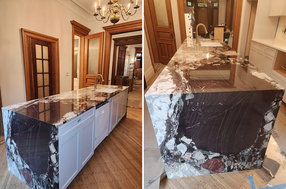 Mitered islands and full-height backsplashes are popular choices in the upscale New  York kitchens produced for Luxury Marble and Granite’s customers.