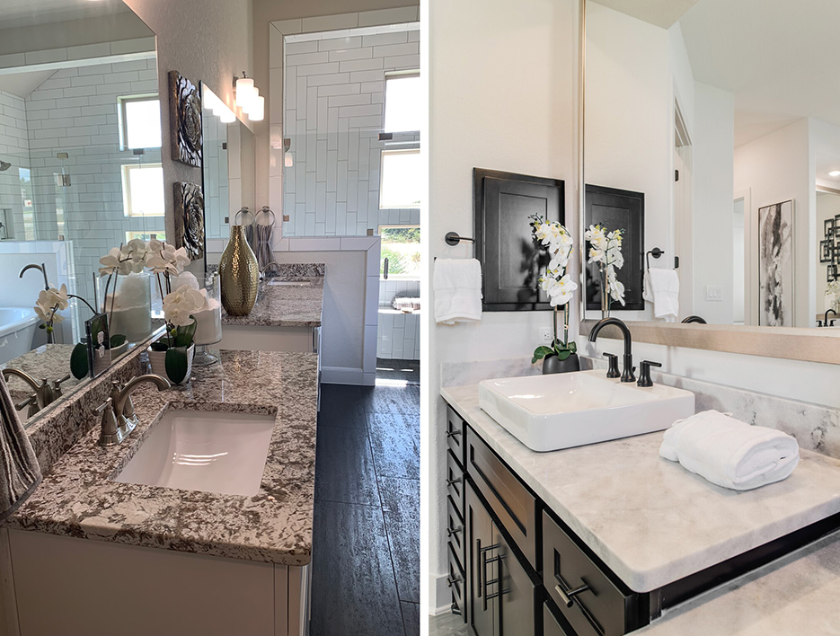 Left: Alaska White granite double vanity countertop with undermount sinks was chosen for this spacious master bath in a new  construction home.  Right: Shadow Storm marble vanity with porcelain vessel sink.