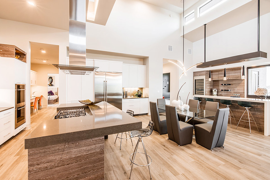 This Parade of Homes project features matching quartz counters in the spacious, light-filled concept kitchen and bath.