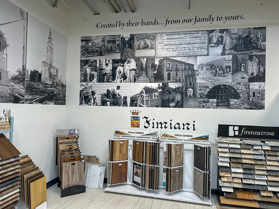 A photographic mural in the Firenza Stone showroom documents the Fimiani family history of skilled stone masons. Four generations of the Fimiani family have worked in the stone industry, including the four brothers in the current generation.