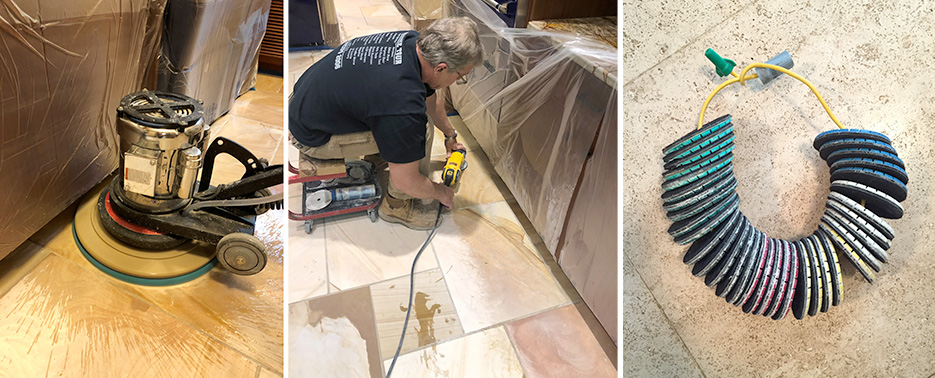 Left: Using a larger drive plate on a smaller machine helps to get under cabinet overhangs. I use a 20-inch drive plate under a 13-inch M3 machine.    Middle: Edge work is the backbone of the stone restoration professional. I use a mechanic’s cart to help make getting around the edges easier.     Right: I keep my diamonds clean and dry after each use. I hang mine up on an electrical cord. This helps them last longer and not deteriorate as fast too.