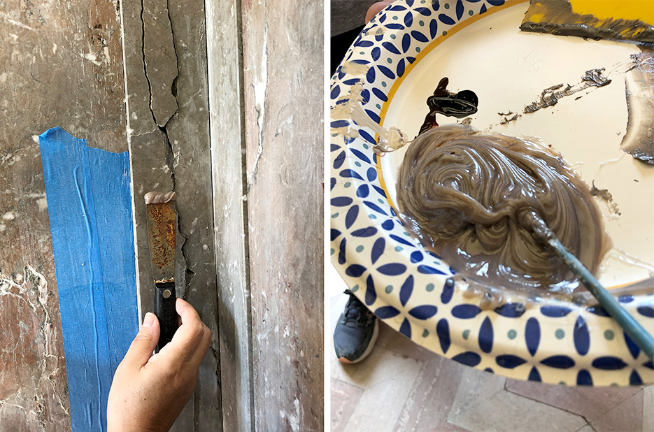 Left: Knifegrade adhesive is great for repairing pieces of stone. Here I am using it on vertical breakage issues that has occurred due to years of settling.     Right: Color your adhesive resin and then use about a 1 inch to 2 inch line of hardener for about 1/2 cup of adhesive. I use a paper plate as a palette.