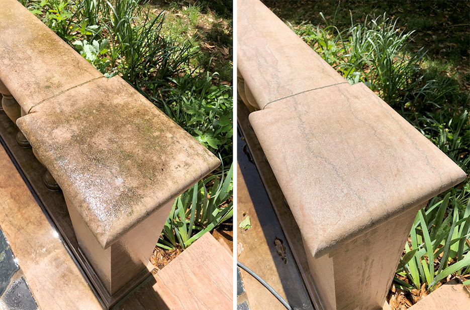 Left: Organic contaminants accumulate on exterior stone over time.     Rigt: Careful use of a pressure washer will help remove most contaminants.