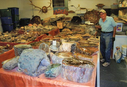 Tables in the workshop display petrified wood slabs, brightly colored agates, rare rocks and fossil