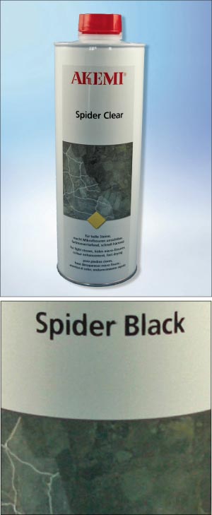 Akemi Spider Black and Spider Clear Enhancers are topical solutions that hide spider veins on natural stone surfaces in just minutes. These two products also enrich the gloss of the entire surface of natural stone. 