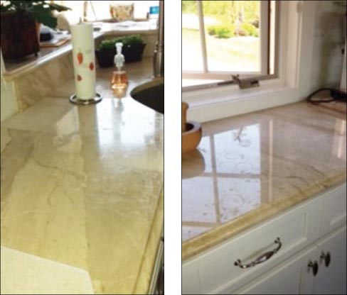 Two examples of marble etching on countertops:  Left: white tracks and dull areas around the sink cut-out show etching; and right: the multiple rings on the countertop are a commonly seen problem, left by juice or wine glasses or other acidic liquids.