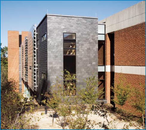 Buckingham Blue-Black slate used as exterior cladding for the Campbell Hall, School of Architecture building at the University of Virginia, in Charlottesville. Buckingham slate resists fading and has a unique mica content that shimmers in sunlight, and glows at night. 