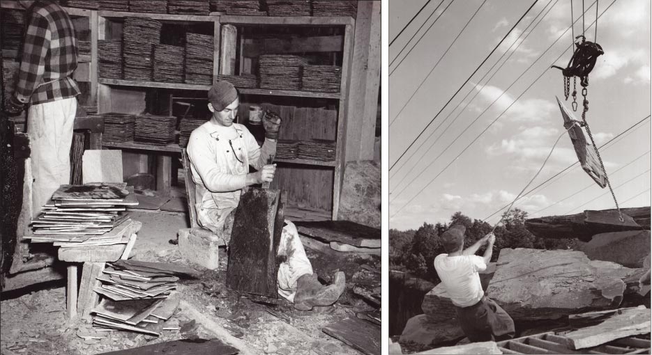 Above, Left: Producing a stack of even roofing tiles. Demand was at its peak in the construction boom following the end of World War II.  Archive photos from 1946-1947.  Above, Right: Selecting slate slabs showing consistent color and good cleavage lines. Demand is still high for a product that potentially lasts for centuries as a building product. “I took Buckingham Slate off a farmhouse built in 1755, put new underlayment down and put the old roof back on,” said Jones. “Check it again in 200 years and see how it’s doing, and I’d say it’ll still be good.”