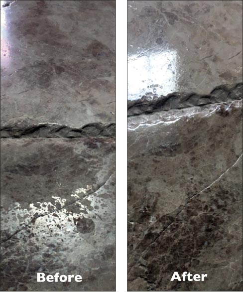 Above, Left: Honed marble is becoming increasingly popular and doesn’t show etching or wear nearly as bad as polished surfaces do.  Above, Right: However, even honed surfaces need occasional refinishing. It helps to keep Majestic 5X, XXX Shine, and Marble Polishing Compound handy. One may work better on a particular stone than another.