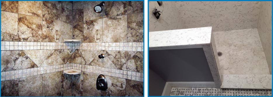 Above Left: Light Emperador Marble Tile Shower. Above Right: “We do a lot of large residential (projects), and we’ve been making our own shower pans out of engineered stone on our CNC rather than ordering them. We can now do showers without all the prep work, and they are waterproof. Our CNC creates the slope and drain and then cuts it out. I would really like to do more of these. It’s a nicer look, lasts longer than cultured marble, and I can do it for the same price as cultured in certain colors,” said Amy Chandler.