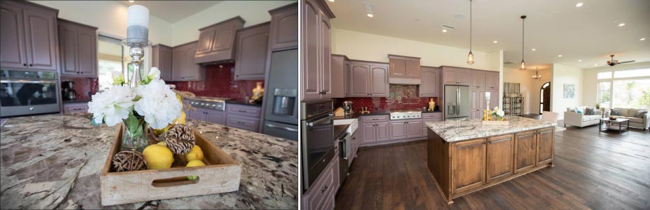 Arizona Tile donated Tourmaline quartzite for the kitchen island. It had a slight “orchid” cast to it which plays off the color in the cabinets and created a very stunning color combination. Perimeter slabs were Black Pearl Satin which created a nice “framework” for the island. The bathroom vanities features Carrara Silver Honed marble. Additionally, Luxe Black and White Hex mosaic were  donated for the laundry room floor.