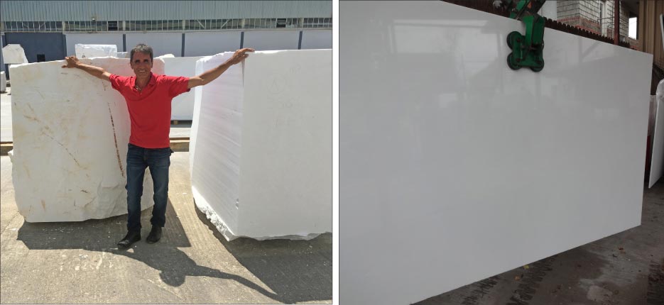 Above left: Nick Politis selects Thassos blocks on one of his yearly  buying trips to visit Thassos quarries and factories in Greece. Above, right: Thassos White slab from the Eurostone warehouse in Houston, TX.