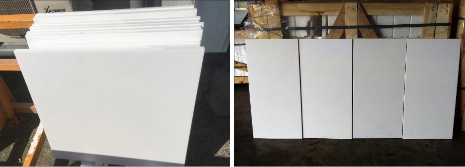 Production of 24 x 24 Thassos White tiles, and 12 x 24 honed tiles (above, right).  Most materials are cut to size at the factory and containerized.