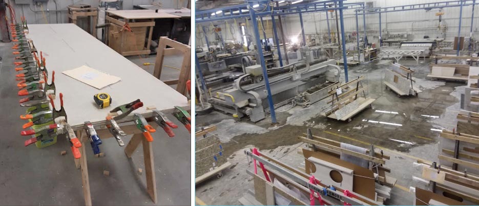 Above, left: Solid surface edge clamping in process. Why use hand clamps? The thinner sheets being laminated do not normally need the amount of force supplied by a bar clamp, or an edge clamp device, like the Omni Cubed Lam-Clamp.  Above, right: A dedicated solid surface fabrication area. Most of the equipment is the same as used for granite fabrication; the difference is in the tooling, pads and blades. Specialized blades, bits and pads can make the difference in installing that top, or starting over after chipping and ruining a cut.