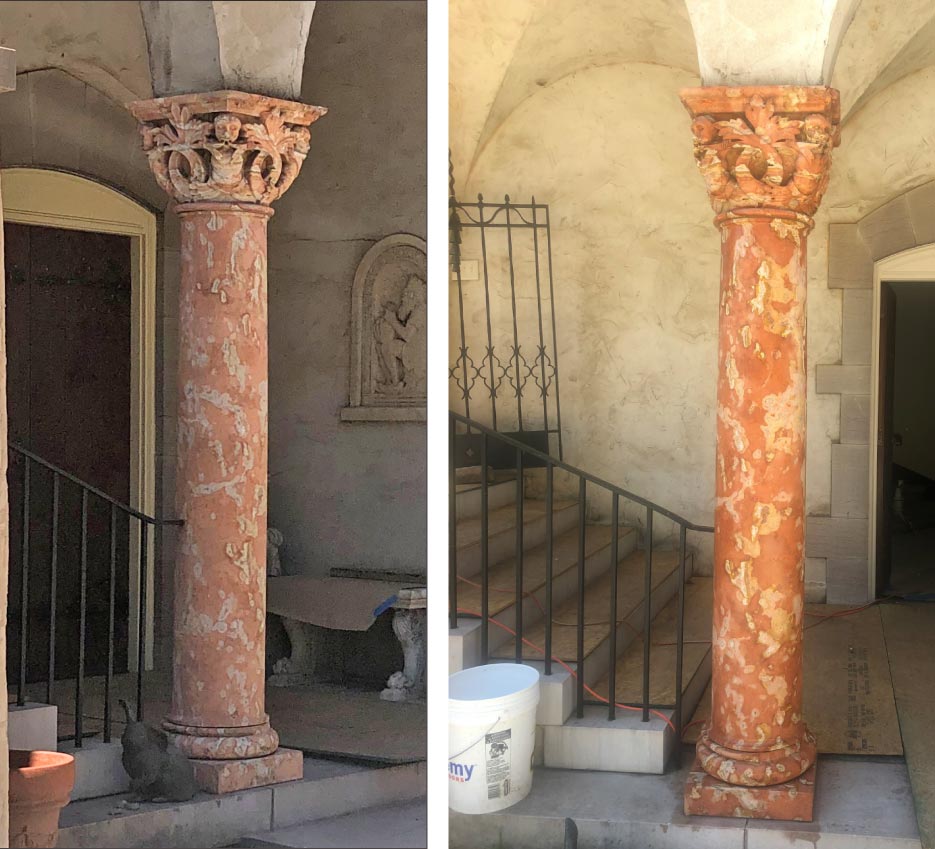 Travertine column before restoration (left) and after (right) cleaning and chemical consolidation treatment.