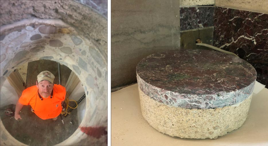 Few companies in the stone trades keep a 16-inch bore core bit in their toolbox. This job required a specialist with the right tools to smoothly penetrate through marble and concrete to install new HVAC ductwork.