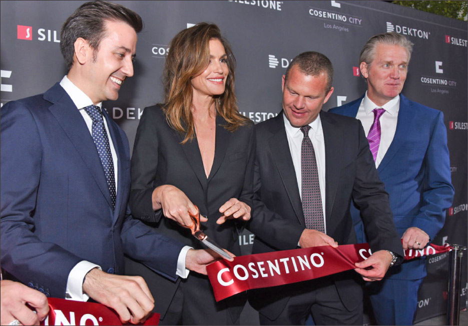 Eduardo Cosentino,  spokesperson Cindy Crawford, Brandon Calvo, and Matt Thurston, West Coast Regional Director, Cosentino.