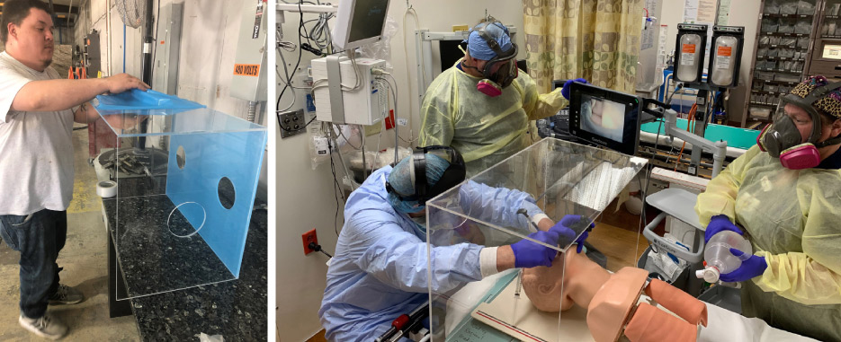 Above, left: Stone Studio fabricator  Justin Moore finishes an aerosol protection box to be used by health care providers when intubating COVID-19 patients.