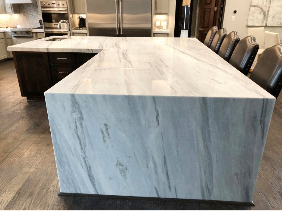 This 3/4 slab mitered quartzite top showcases Stone Studio’s mastery of fabrication skills.