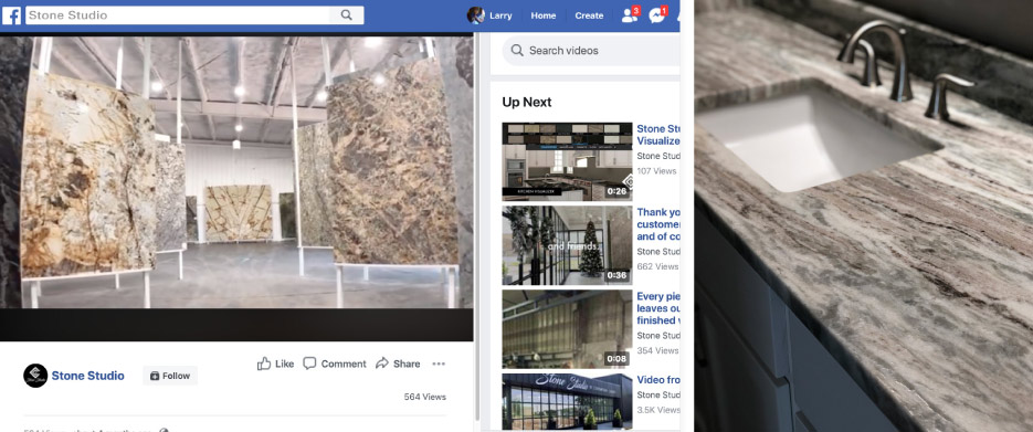 Above, left: Video from the Stone Studio Facebook page with a tour of the Brazilian slab layout in their showroom. These beautiful slabs are the stars and  focal point of this part of the showroom. Above, right: Granite vanity top, leathered finish to accentuate the grain.