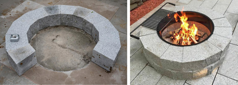 Above, left: The pre-cut blocks for this firepit are Woodbury Gray granite from Vermont, which can be set on pavers or level, compacted gravel. Polycor offers a printer-friendly downloadable guide to installation. No mortar is required.  Above, right: The 7-inch Woodbury Gray granite blocks, inner fire ring and grill are all available through Polycor’s Hardscapes & Masonry division.