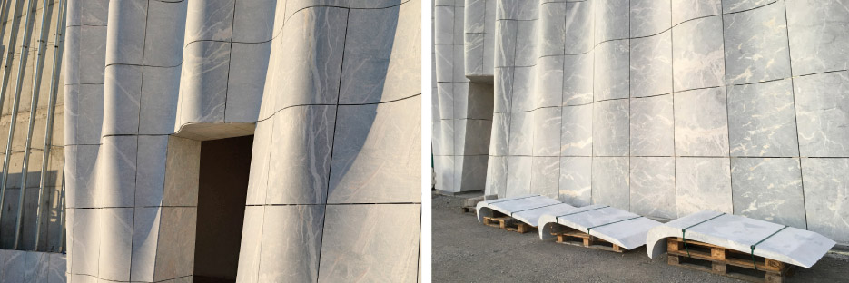 The 3-D architectural treatment is constructed from  shaped blocks of Fior di Pesco Carnico® marble