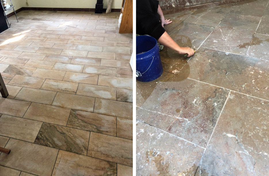  Above, left: Back room where the stone floor had been severely etched. Notice different stones and pattern.  Above, right: Sometimes this is what the restoration job takes: carefully hand-scrubbing the grout with Majestic Deep Cleaner and a wire brush.