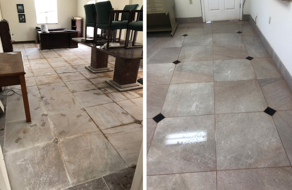 Above, left: Marble floor after initial cleaning. Notice where the Rolodex cards had given some protection from the etching on the floor.  Above, right: Front room floor after restoration with 200 and 400 grit diamond Impregnated pads, and Majestic 5X Gold polishing powder.