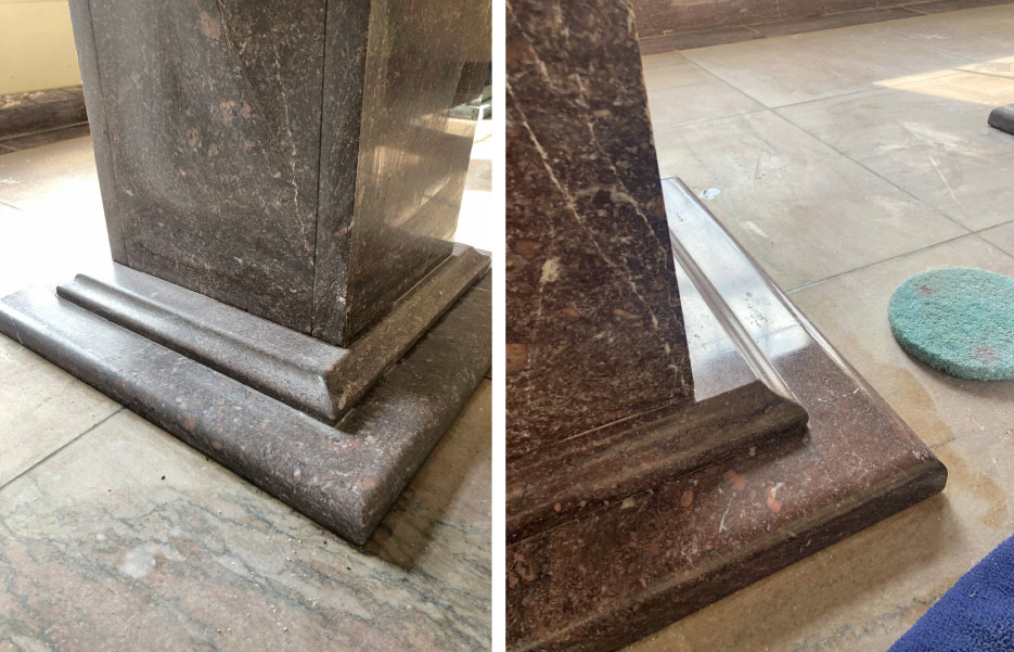 Before and After: Above, left, Tennessee Cedar marble conference table base in its faded, etched condition;  Above, right, base restored after using dip 200 grit, 400 grit, and Majestic 5X Gold Polishing Powder. 