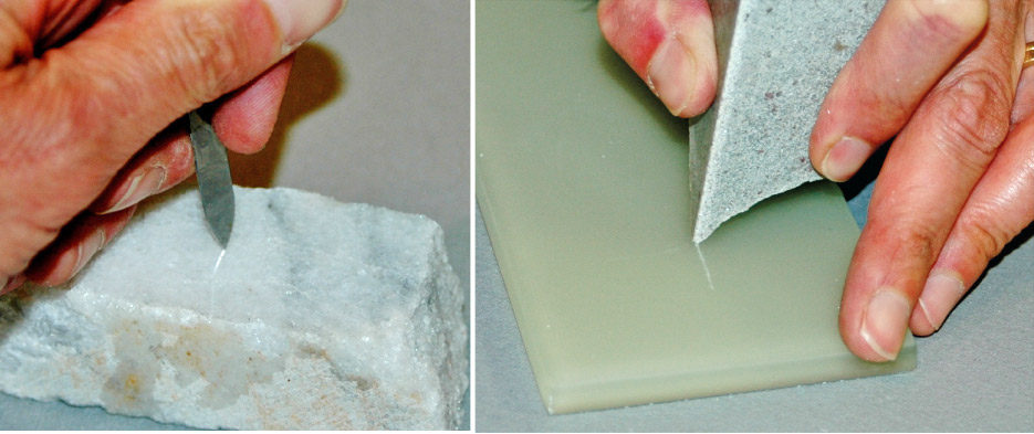 Above, left: You can do a simple hardness test with a pocketknife. Here, the harder steel in the knife blade can scratch the marble.  Above, right: Hardness test using a glass tile. Here, the sandstone is scratching the glass, leaving a clear mark.