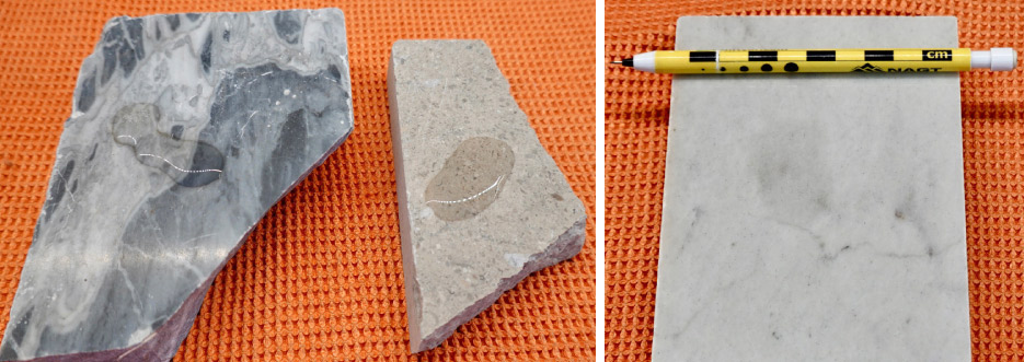 After the porosity test, wipe off the stone and let it air dry for around 10 minutes to be sure you are looking at water absorbed into the stone, rather than the wet surface of the stone. In this case, the water clearly left a dark area in the stone, indicating it’s porous. The stone is Lamberti Bianco quartzite.