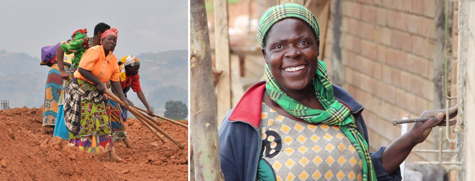 Above, left: Locals pull pumice stone from the fields which is then collected and used in construction sites.    Above, right: “Around the village [Kankwanzi] is changing the life of her colleagues,” says Kayihura Nyundo, engineering consultant to MASS, Rwanda.