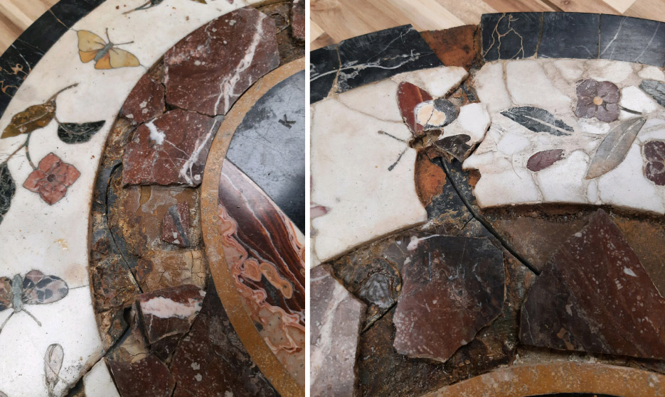 Loose and broken pieces of this antique mosaic tabletop were handed to Santarossa Mosaic and Tile in a box and a Ziploc bag. “Can you fix it?” the moving company asked.