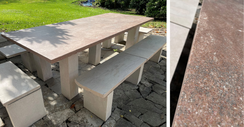  Above, left: Among other repairs, the broken end of the bench seat had to be rounded and smoothed.   Above, right: All arrisses (sharp 90 degree corners) had to be eased or beveled for safety.