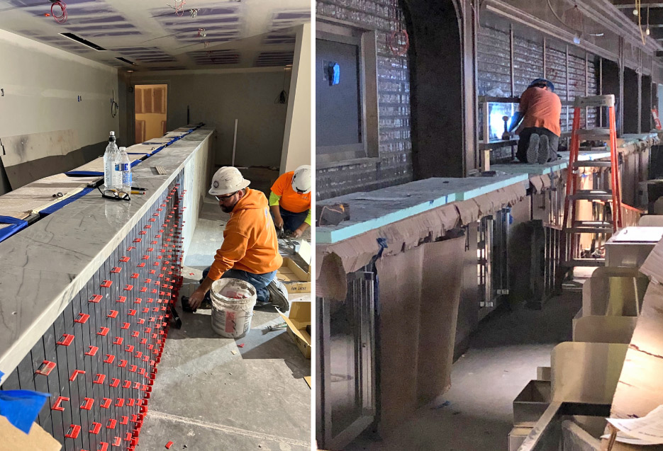 Installation in progress on the Mutual betting counter (above, and above right), which also used mitered Calcutta quartzite for the top and front counter edge. In all, an estimated 1,000 square feet of hard-wearing quartzite stone were used on this phase of the Churchill Downs project.