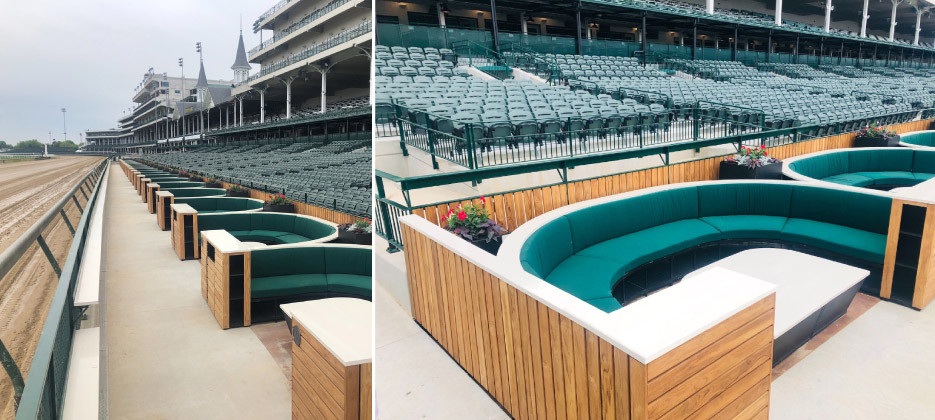 Part of the long stretch of the deluxe Cabana seating area, next to the track. For this project, StoneMark specified 1,000 square feet of Diresco quartz Divinity Crema, from supplier OHM.