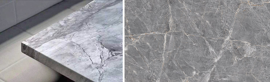 Left: Dolomite tends to have a more uniform and consistent color.  Right: Marble may display more pronounced veining and often has color variations.