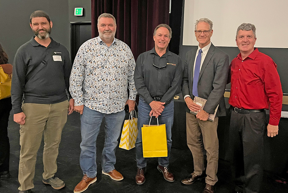  From left: NSI members Dolan Williams (B&W Compliance), Ted Sherritt (FloForm), and Nate Kolenski (Block Tops) join Cal/OSHA’s Michael Wilson and Jim Hieb during the event.       