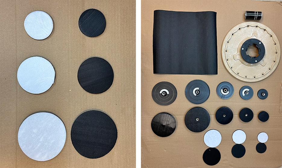 Left: Spacers (both front & back) in 3, 4, and 5 inch sizes add a cushion effect when running diamond discs.     Right: Essential Accessories: Pad drivers in a range of sizes, and replacement Velcro for in-the-field repairs.