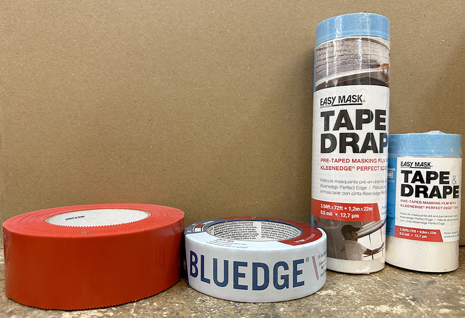 Red tape, blue tape, 24 and 48 inch wide Tape & Drape – essentials needed for almost every restoration job.