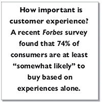 How important is customer experience?  A recent Forbes survey found that 74% of consumers are at least “somewhat likely” to  buy based on experiences alone.