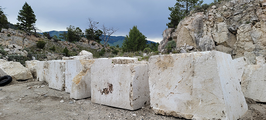 Frost travertine blocks ready for transport from the quarry to the fabrication shop in Idaho Falls.