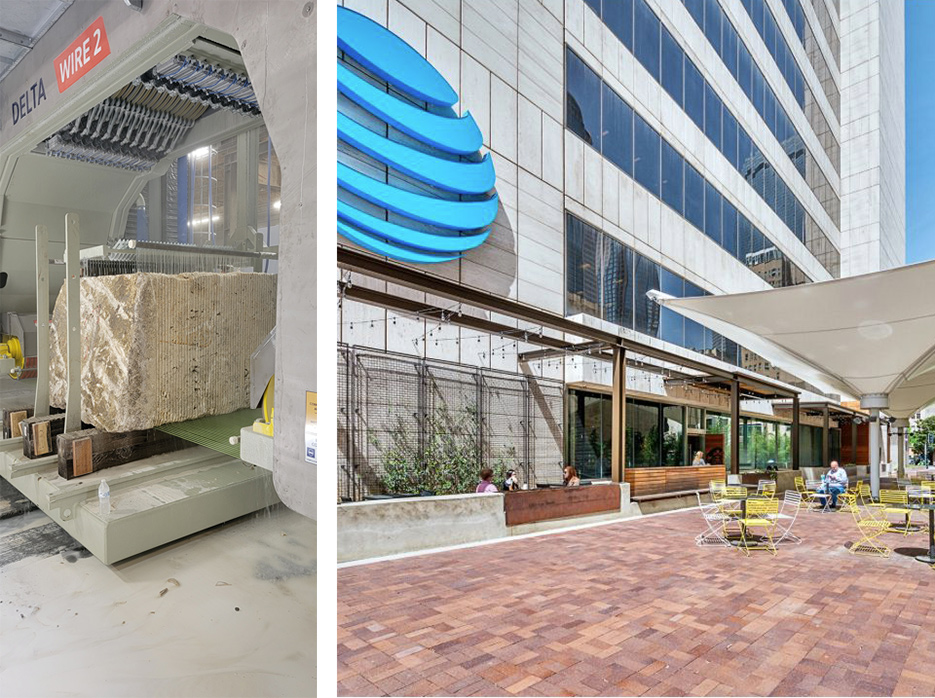 Left: Yellowstone Rock’s multi-wire saw can cut multiple slabs at once, which has quadrupled the shop’s slab production rate. Right: The AT&T Building in Dallas features a façade of Frost vein-cut travertine.