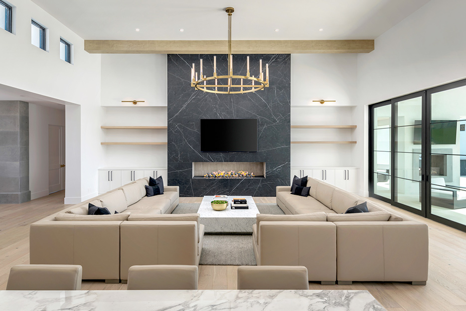 MightySlab™ makes any vertical application possible, like this Black Marquina-clad fireplace.