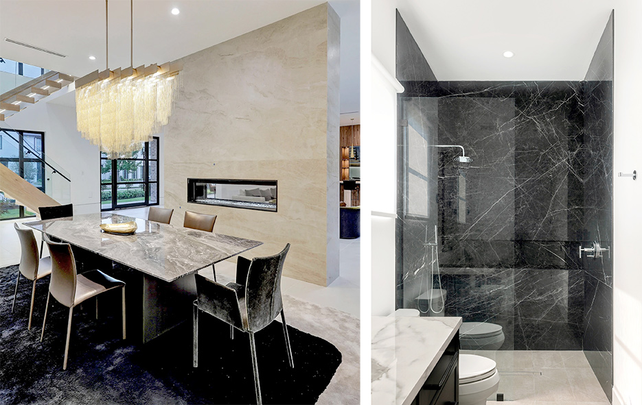 Left: Large format sintered stone fireplace clad in Taj Mahal.  Right: Contreras: “Porcelain is the best product you could use on a shower wall.”