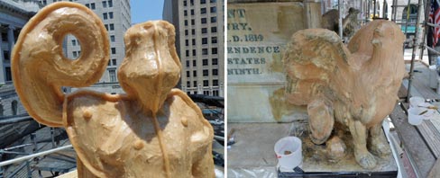 Lady Baltimore in a complete body mold, and a griffin in three stages of molding and repair.